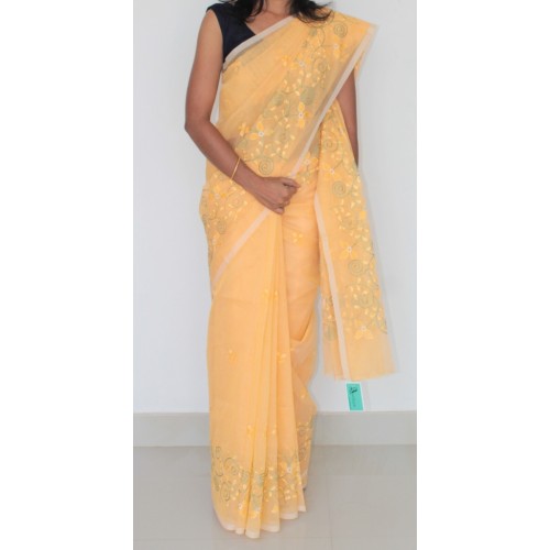 Yellow silky kota full border embroidered saree